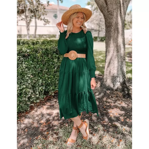 ZESICA Womens 2024 Casual Long Sleeve Crew Neck High Waist Smocked Flowy Tiered Midi DressDarkgreen