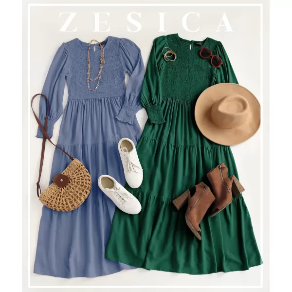 ZESICA Womens 2024 Casual Long Sleeve Crew Neck High Waist Smocked Flowy Tiered Midi DressDarkgreen