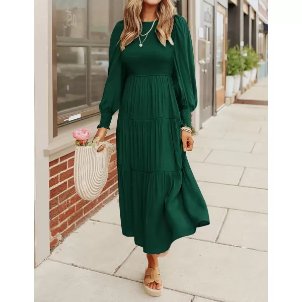 ZESICA Womens 2024 Casual Long Sleeve Crew Neck High Waist Smocked Flowy Tiered Midi DressDarkgreen