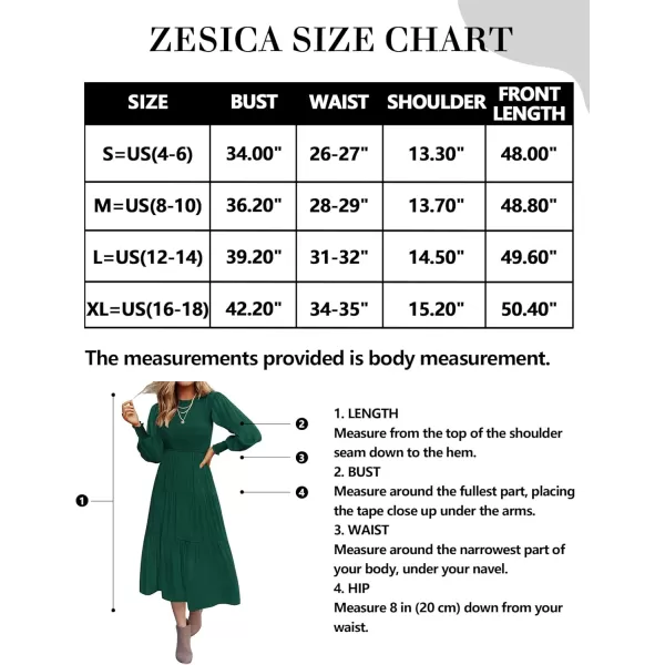 ZESICA Womens 2024 Casual Long Sleeve Crew Neck High Waist Smocked Flowy Tiered Midi DressDarkgreen