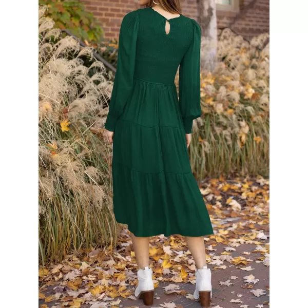 ZESICA Womens 2024 Casual Long Sleeve Crew Neck High Waist Smocked Flowy Tiered Midi DressDarkgreen