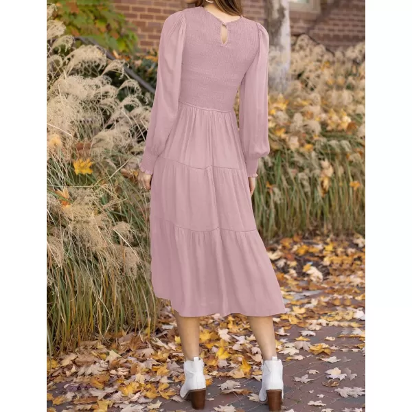 ZESICA Womens 2024 Casual Long Sleeve Crew Neck High Waist Smocked Flowy Tiered Midi DressDarkpink