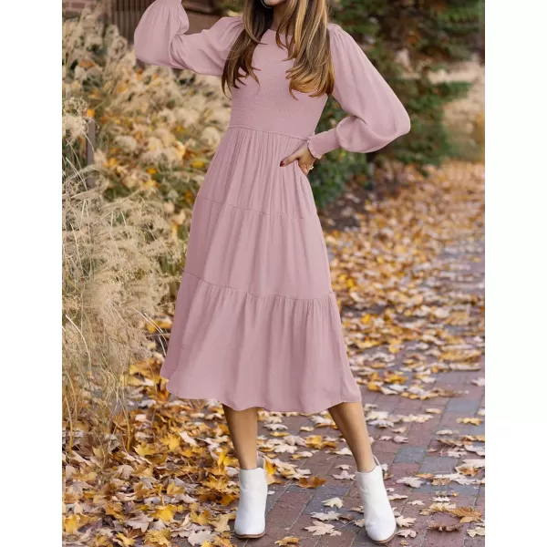 ZESICA Womens 2024 Casual Long Sleeve Crew Neck High Waist Smocked Flowy Tiered Midi DressDarkpink