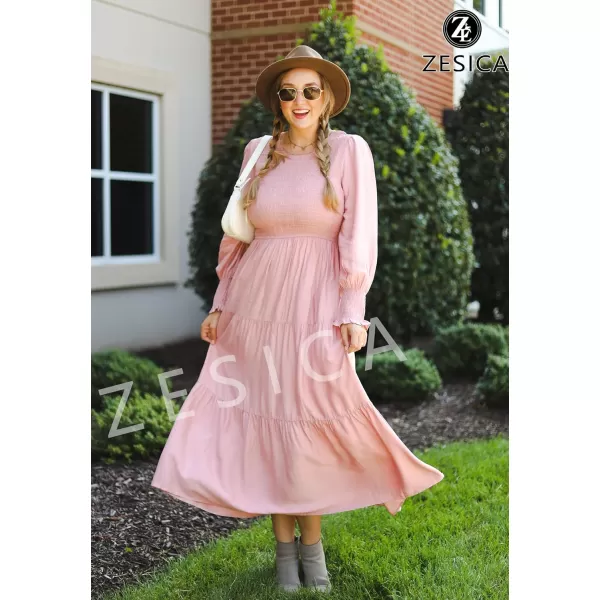 ZESICA Womens 2024 Casual Long Sleeve Crew Neck High Waist Smocked Flowy Tiered Midi DressDarkpink