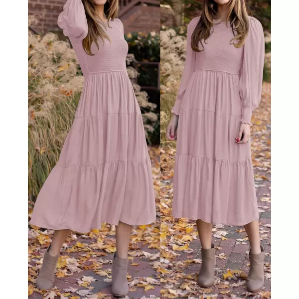 ZESICA Womens 2024 Casual Long Sleeve Crew Neck High Waist Smocked Flowy Tiered Midi DressDarkpink