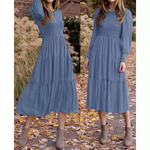 ZESICA Womens 2024 Casual Long Sleeve Crew Neck High Waist Smocked Flowy Tiered Midi DressDustyblue