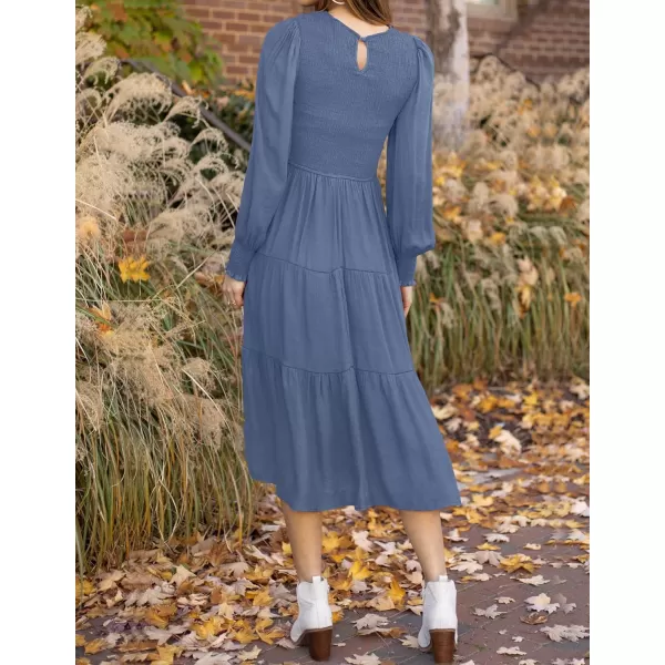 ZESICA Womens 2024 Casual Long Sleeve Crew Neck High Waist Smocked Flowy Tiered Midi DressDustyblue