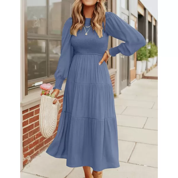 ZESICA Womens 2024 Casual Long Sleeve Crew Neck High Waist Smocked Flowy Tiered Midi DressDustyblue