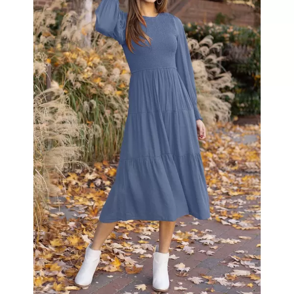 ZESICA Womens 2024 Casual Long Sleeve Crew Neck High Waist Smocked Flowy Tiered Midi DressDustyblue