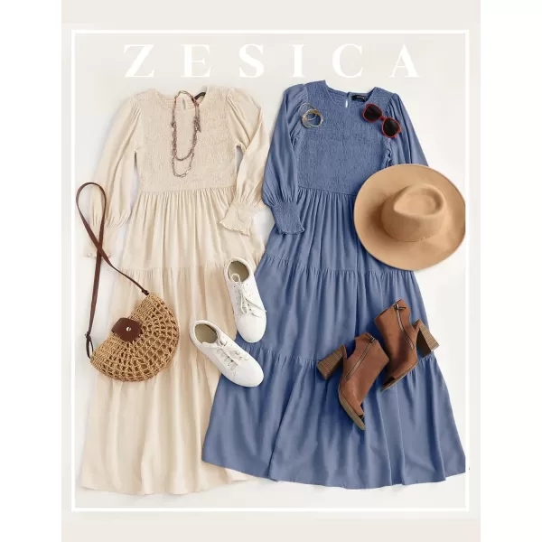 ZESICA Womens 2024 Casual Long Sleeve Crew Neck High Waist Smocked Flowy Tiered Midi DressDustyblue
