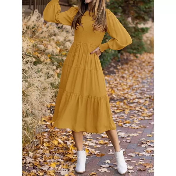 ZESICA Womens 2024 Casual Long Sleeve Crew Neck High Waist Smocked Flowy Tiered Midi DressGinger