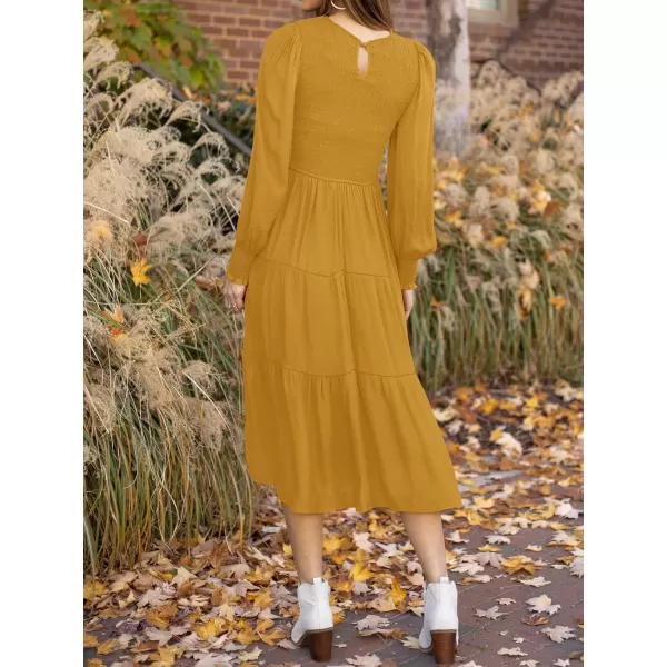 ZESICA Womens 2024 Casual Long Sleeve Crew Neck High Waist Smocked Flowy Tiered Midi DressGinger