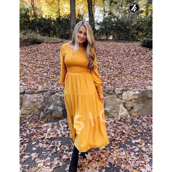 ZESICA Womens 2024 Casual Long Sleeve Crew Neck High Waist Smocked Flowy Tiered Midi DressGinger