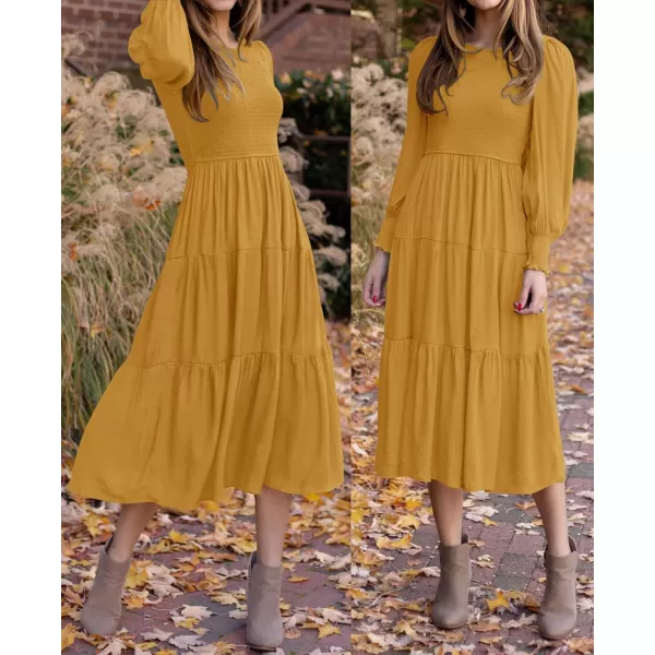 ZESICA Womens 2024 Casual Long Sleeve Crew Neck High Waist Smocked Flowy Tiered Midi DressGinger