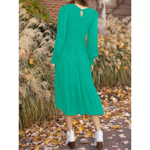 ZESICA Womens 2024 Casual Long Sleeve Crew Neck High Waist Smocked Flowy Tiered Midi DressGreen