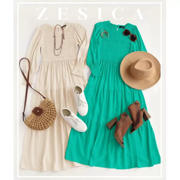 ZESICA Womens 2024 Casual Long Sleeve Crew Neck High Waist Smocked Flowy Tiered Midi DressGreen