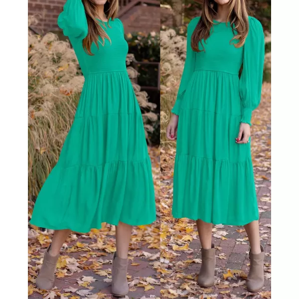 ZESICA Womens 2024 Casual Long Sleeve Crew Neck High Waist Smocked Flowy Tiered Midi DressGreen
