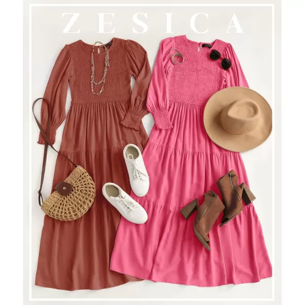ZESICA Womens 2024 Casual Long Sleeve Crew Neck High Waist Smocked Flowy Tiered Midi DressHotpink