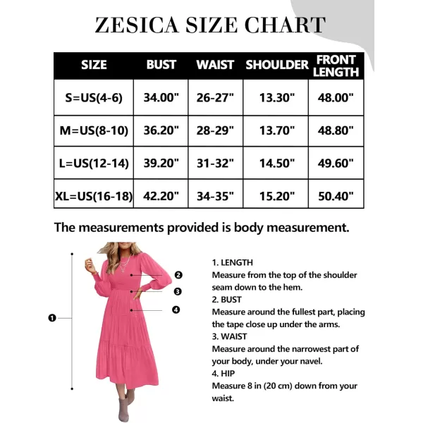 ZESICA Womens 2024 Casual Long Sleeve Crew Neck High Waist Smocked Flowy Tiered Midi DressHotpink