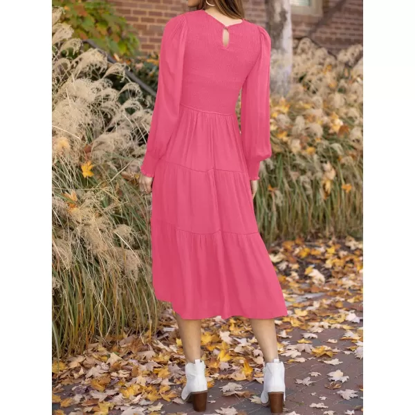 ZESICA Womens 2024 Casual Long Sleeve Crew Neck High Waist Smocked Flowy Tiered Midi DressHotpink