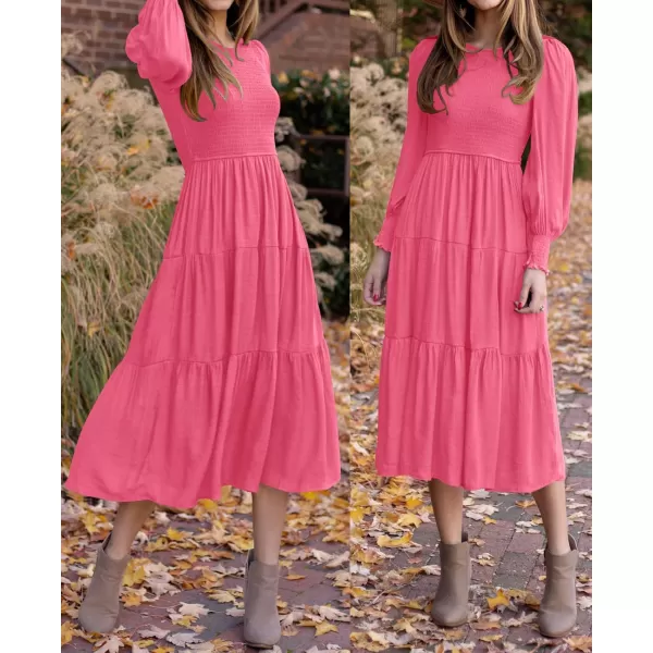 ZESICA Womens 2024 Casual Long Sleeve Crew Neck High Waist Smocked Flowy Tiered Midi DressHotpink