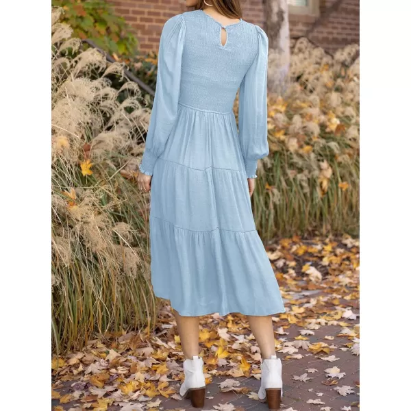 ZESICA Womens 2024 Casual Long Sleeve Crew Neck High Waist Smocked Flowy Tiered Midi DressLightblue