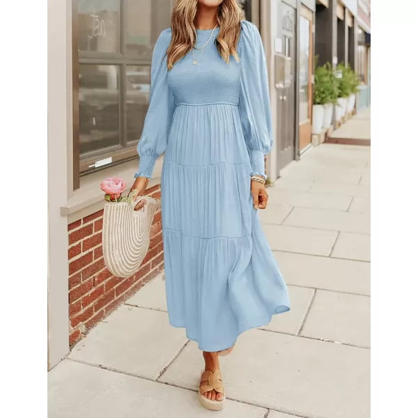 ZESICA Womens 2024 Casual Long Sleeve Crew Neck High Waist Smocked Flowy Tiered Midi DressLightblue