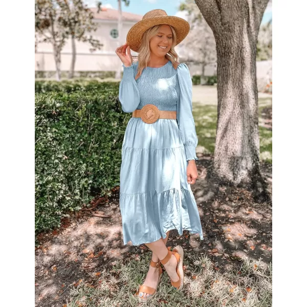 ZESICA Womens 2024 Casual Long Sleeve Crew Neck High Waist Smocked Flowy Tiered Midi DressLightblue