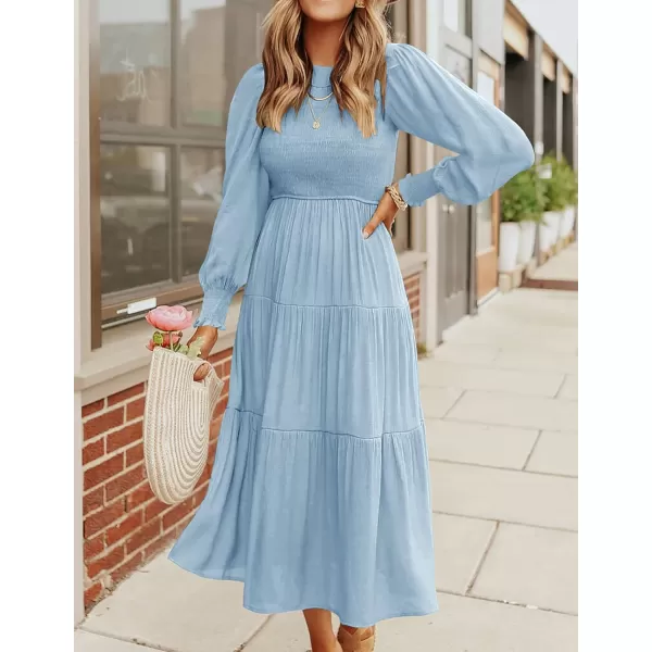 ZESICA Womens 2024 Casual Long Sleeve Crew Neck High Waist Smocked Flowy Tiered Midi DressLightblue