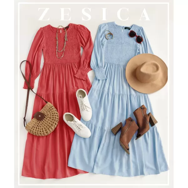 ZESICA Womens 2024 Casual Long Sleeve Crew Neck High Waist Smocked Flowy Tiered Midi DressLightblue