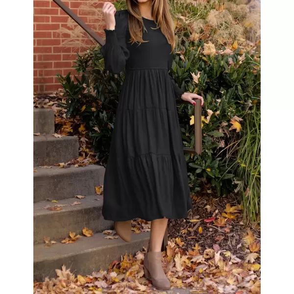 ZESICA Womens 2024 Casual Long Sleeve Crew Neck High Waist Smocked Flowy Tiered Midi DressPureblack