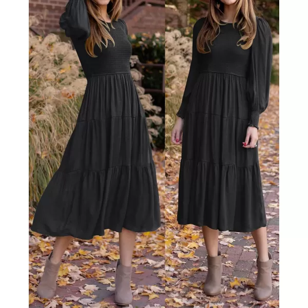 ZESICA Womens 2024 Casual Long Sleeve Crew Neck High Waist Smocked Flowy Tiered Midi DressPureblack