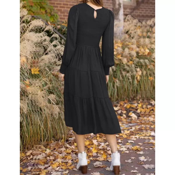 ZESICA Womens 2024 Casual Long Sleeve Crew Neck High Waist Smocked Flowy Tiered Midi DressPureblack