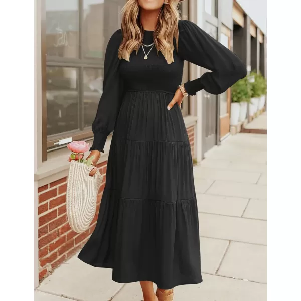 ZESICA Womens 2024 Casual Long Sleeve Crew Neck High Waist Smocked Flowy Tiered Midi DressPureblack