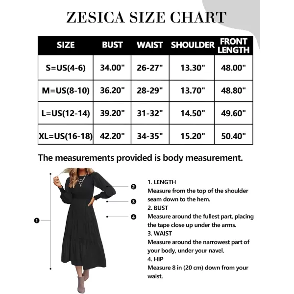 ZESICA Womens 2024 Casual Long Sleeve Crew Neck High Waist Smocked Flowy Tiered Midi DressPureblack