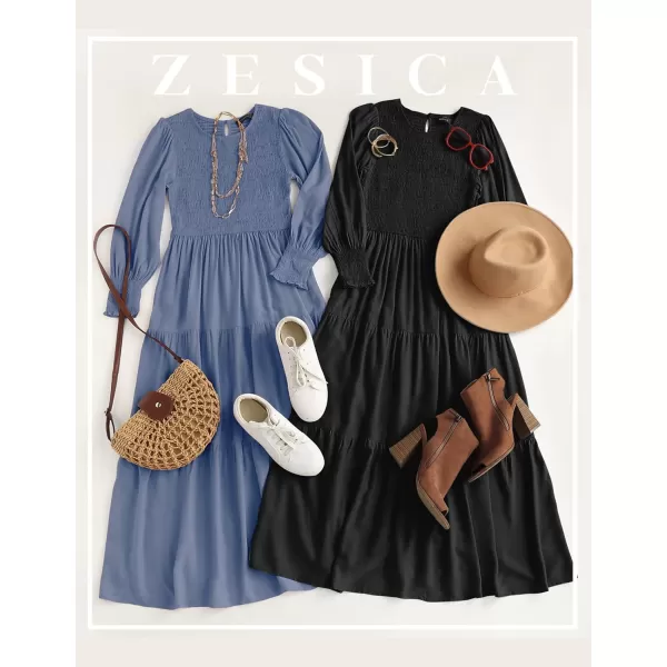 ZESICA Womens 2024 Casual Long Sleeve Crew Neck High Waist Smocked Flowy Tiered Midi DressPureblack