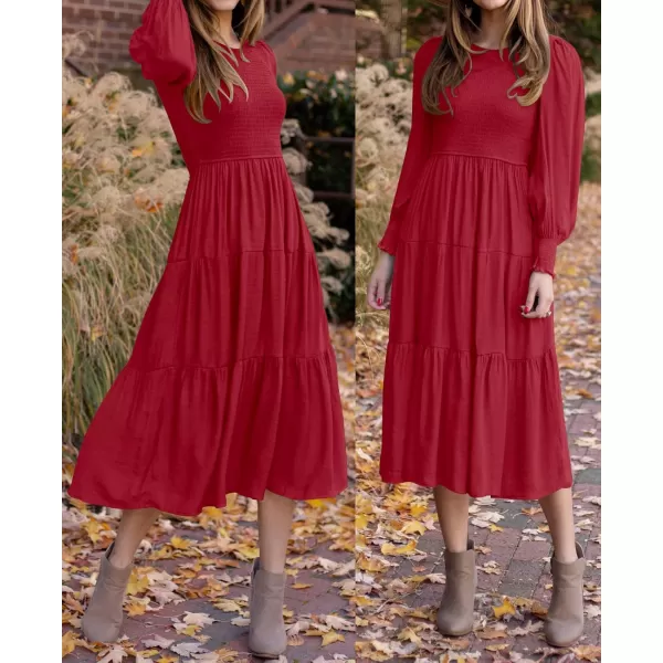 ZESICA Womens 2024 Casual Long Sleeve Crew Neck High Waist Smocked Flowy Tiered Midi DressRed