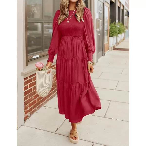 ZESICA Womens 2024 Casual Long Sleeve Crew Neck High Waist Smocked Flowy Tiered Midi DressRed