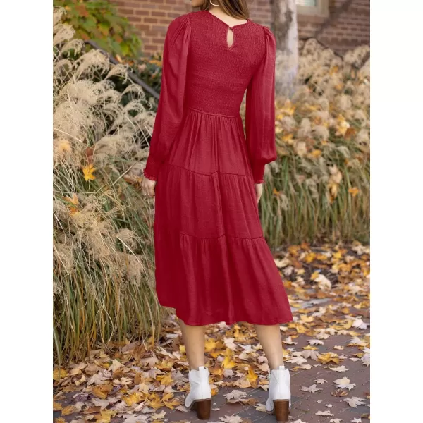 ZESICA Womens 2024 Casual Long Sleeve Crew Neck High Waist Smocked Flowy Tiered Midi DressRed