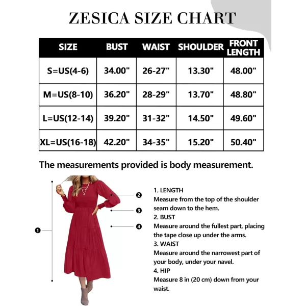 ZESICA Womens 2024 Casual Long Sleeve Crew Neck High Waist Smocked Flowy Tiered Midi DressRed
