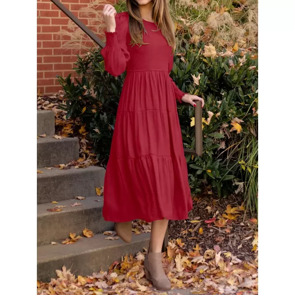 ZESICA Womens 2024 Casual Long Sleeve Crew Neck High Waist Smocked Flowy Tiered Midi DressRed