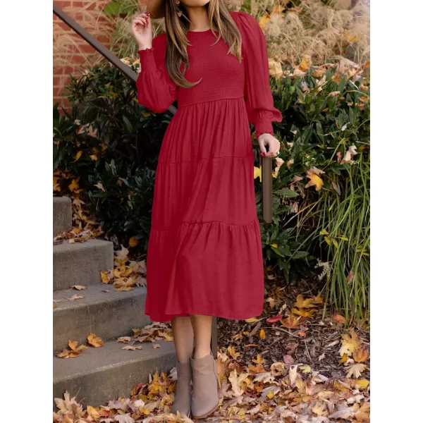 ZESICA Womens 2024 Casual Long Sleeve Crew Neck High Waist Smocked Flowy Tiered Midi DressRed