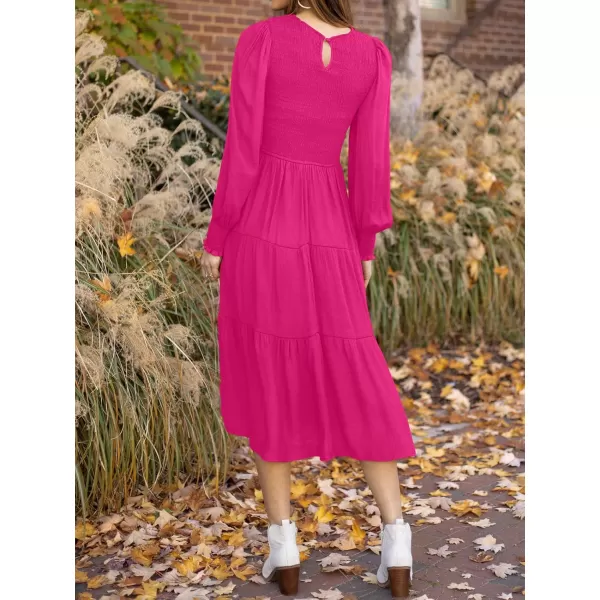 ZESICA Womens 2024 Casual Long Sleeve Crew Neck High Waist Smocked Flowy Tiered Midi DressRose