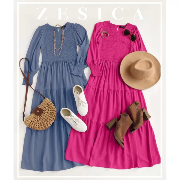 ZESICA Womens 2024 Casual Long Sleeve Crew Neck High Waist Smocked Flowy Tiered Midi DressRose