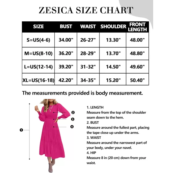 ZESICA Womens 2024 Casual Long Sleeve Crew Neck High Waist Smocked Flowy Tiered Midi DressRose
