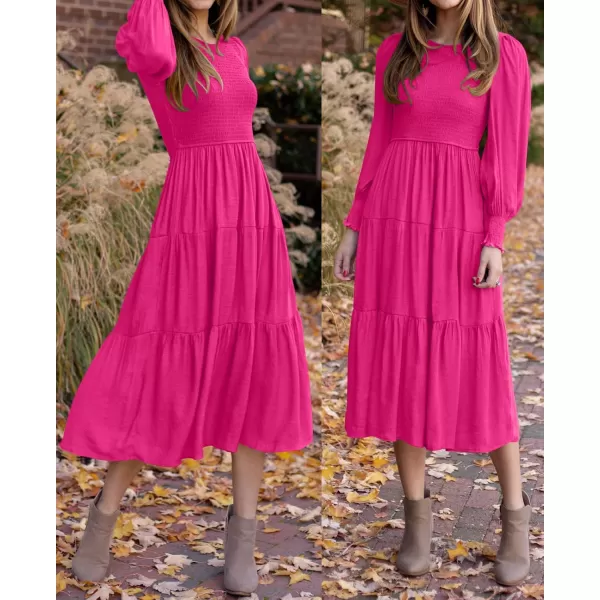 ZESICA Womens 2024 Casual Long Sleeve Crew Neck High Waist Smocked Flowy Tiered Midi DressRose