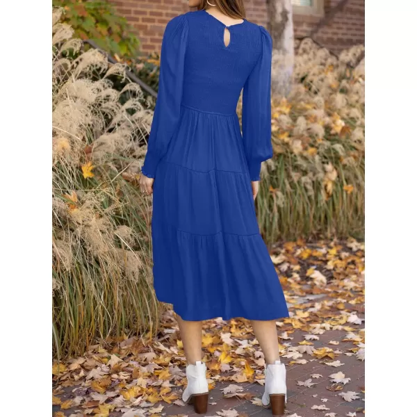 ZESICA Womens 2024 Casual Long Sleeve Crew Neck High Waist Smocked Flowy Tiered Midi DressRoyalblue