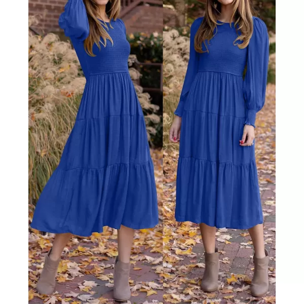 ZESICA Womens 2024 Casual Long Sleeve Crew Neck High Waist Smocked Flowy Tiered Midi DressRoyalblue
