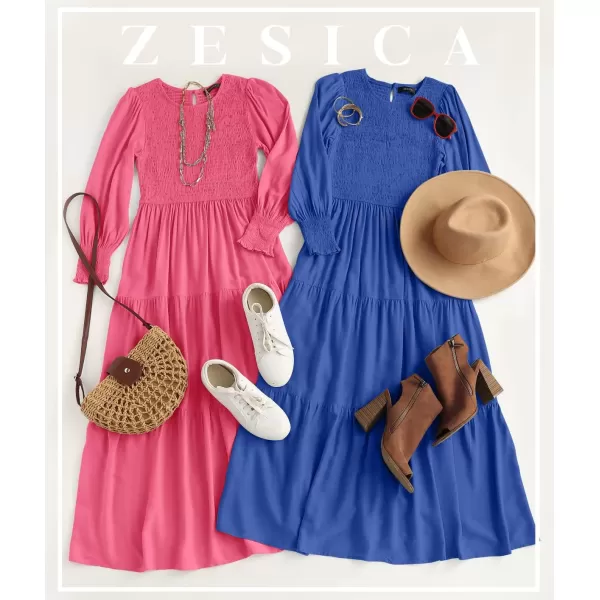 ZESICA Womens 2024 Casual Long Sleeve Crew Neck High Waist Smocked Flowy Tiered Midi DressRoyalblue