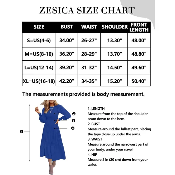 ZESICA Womens 2024 Casual Long Sleeve Crew Neck High Waist Smocked Flowy Tiered Midi DressRoyalblue